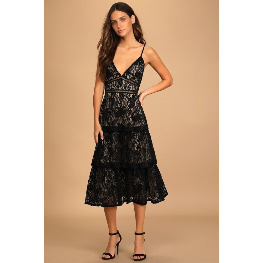 Lulus Pass Me The Prosecco Black Velvet Lace Tiered Midi Dress